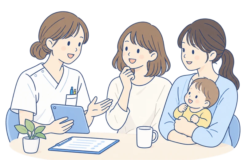 助産師とママ、ベビーが並ぶイラスト