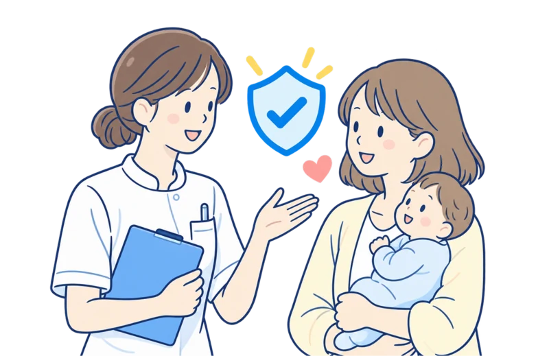 助産師がママに商品を紹介するイラスト